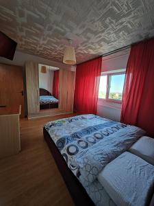 布加勒斯特Z Villa的一间卧室配有一张带红色窗帘的大床