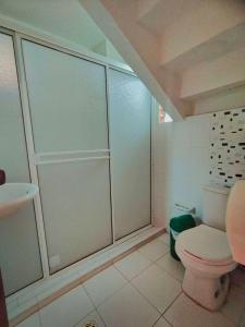 阿瓜奇卡Hotel El Sol Inn的带淋浴、卫生间和盥洗盆的浴室