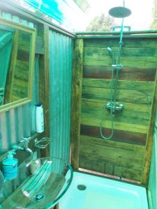 维德尼斯Wilderness Glamping Tents的带淋浴和玻璃水槽的浴室