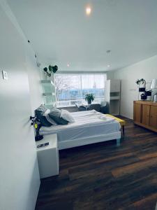 凯夫拉维克Easy Stay的一间卧室设有一张大床和一个窗户。