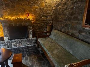 卡尔派尼西翁Chalet Karpenisi的带沙发和石制壁炉的客厅