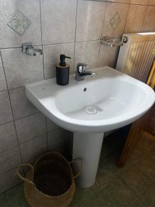 卡尔派尼西翁Chalet Karpenisi的浴室内的一个白色水槽,有篮子