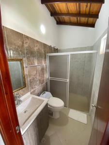 圣希尔Hermoso Apartamento en San Gil的带淋浴、卫生间和盥洗盆的浴室