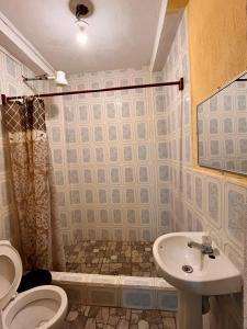 危地马拉Hotel Canaan La aurora的一间带卫生间和水槽的浴室