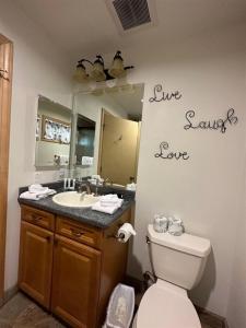六月湖Rr-johnson Suite 2的一间带水槽、卫生间和镜子的浴室