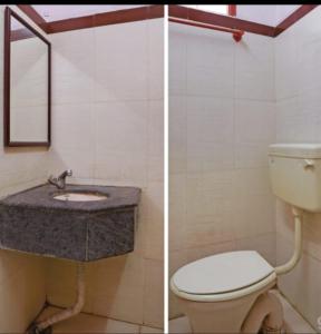 蓬蒂切里PMS INN的浴室的两张照片,配有卫生间和水槽