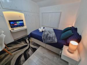 利兹Relaxed Double bed with private bathroom, parking, WiFi and garden.的一间小卧室,配有一张床和电视