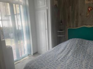 阿卡雄3 pieces avec terrasse entre plage et centre ville的一间卧室配有一张带蓝色棉被的床和窗户。