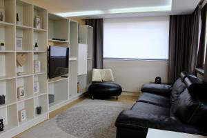 昂特赞Strasbourg Entzheim的客厅配有黑色真皮沙发和电视