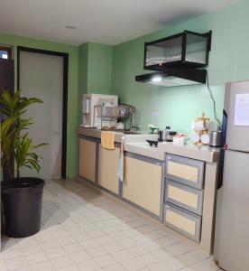 马六甲Klebang GX Homestay Resort Pool View P0804 with Netflix, TVBox and Games的厨房设有绿色的墙壁和冰箱。