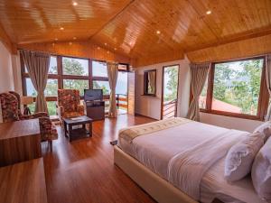 佩林Kaya Gantavya Resort的卧室配有一张床、一张书桌和窗户。
