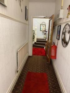 波斯考尔Villa Guest House的走廊上铺有红地毯,楼梯上设有消防栓