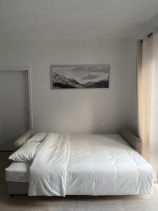 布鲁塞尔Appartement lumineux dans un quartier animé的卧室内的一张白色床,墙上挂着一幅画