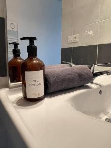 波城Magnifique Appartement Hypercentre - Le Charly的浴室水槽上放有一瓶肥皂