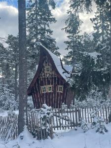 GothemFairytale tinyhouse near the sea - Häxans hus的树林里的一间旧小屋,里面积雪