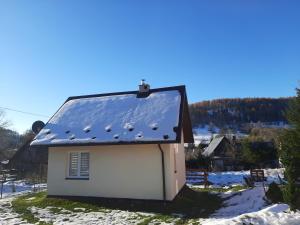 下乌斯奇基Brzoskwiniowy Domek Ustrzyki Dolne的屋顶上白雪的小房子
