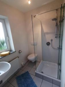巴特柯尼希Haus Ulla的带淋浴、卫生间和盥洗盆的浴室