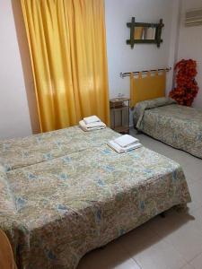 鲁伊德拉Hostal y Apartamentos la Vereda的一间设有两张床和黄色窗帘的房间