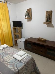 鲁伊德拉Hostal y Apartamentos la Vereda的一间卧室配有一张床、梳妆台和电视。