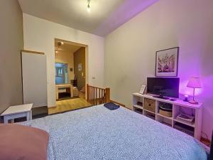 布鲁塞尔Cosy Apartment Brussels - Flagey的一间卧室配有一张床和一张桌子上的电视