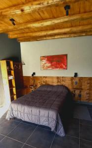 Vista FloresFinca La Valletana的卧室配有一张床,墙上挂有绘画作品