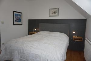 杜伦斯坦Weingut Bäuerl的卧室配有白色床,墙上有两盏灯