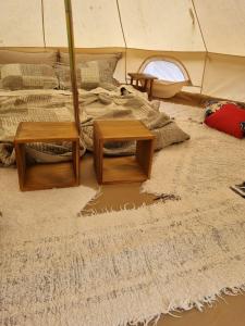 布鲁马迪纽Ecovila Coração da Mata的一间帐篷内带一张床和两张桌子的房间