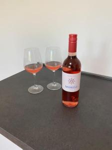 科佩尔Apartma na vinski kmetiji的桌子上放有一瓶葡萄酒和两杯酒
