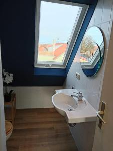 梅明根Ferienwohnung Allgäu 5的一间带水槽和窗户的浴室