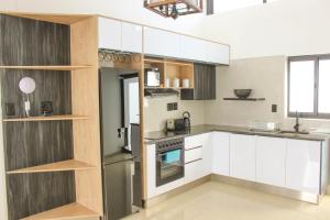 温特和克Deluxe Residence - Windhoek的厨房配有白色橱柜和不锈钢冰箱