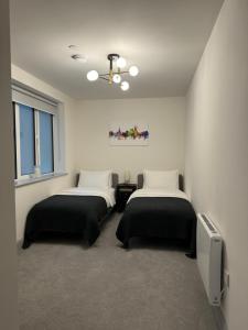 巴斯Haus of Sulis, City Centre Apartment with Lift Access的一间设有两张床和一台电视的房间