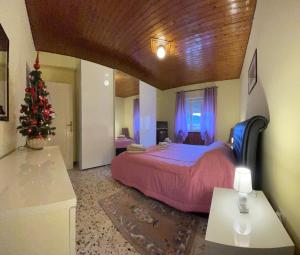 卡尔索利AL CAMPANILE centro storico ampio luminoso e panoramico appartamento trilocale的一间卧室,配有圣诞树和一张床