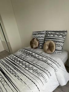 蓬图瓦兹Charming room/belle chambre的一张配有黑白床单和枕头的床