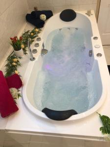 CordéacLe cocoon Isérois, avec balnéo的浴室设有装满蓝色水的浴缸。