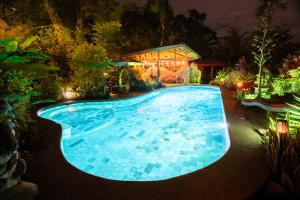 乌维塔Casitas Del Rio Riverfront Jungle Beach Vacation的夜间游泳池与房子
