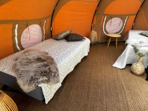 IdestrupRomantik Luxus Glamping 2的一只猫躺在帐篷里的床上