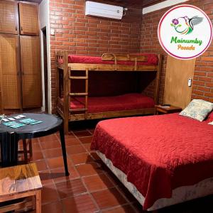 伊瓜苏港Mainumby- Colibri Posada的砖墙内带两张双层床的房间
