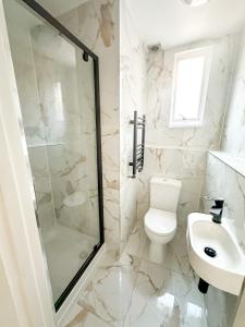 莱斯特FOSSE LUXURY ROOMS的浴室配有卫生间、淋浴和盥洗盆。
