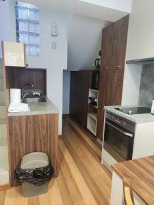 大特尔诺沃Апартамент България的厨房配有木制橱柜和台面