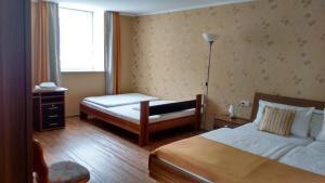 Holsthum奥贝比里格乡村民宿的配有一张床、一张书桌和一扇窗户的酒店客房