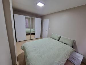 沙勒罗瓦SweetPlace Forever in Charleroi (Appart2)的一间卧室配有一张大床和镜子