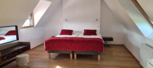 佩罗斯-吉雷克Longère rénovée sur les hauteurs de Perros-Guirec的一间卧室配有一张带红色枕头的床