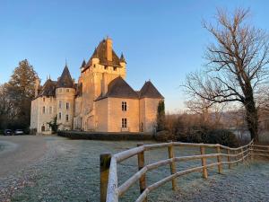 RivarennesChâteau de La Tour en Brenne的一座古老的城堡,前面有围栏