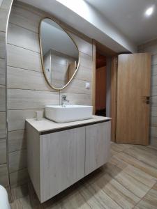 ExaplátanosOlympia Project / Χώρος Διαμονής στην Αλμωπία的一间带水槽和镜子的浴室