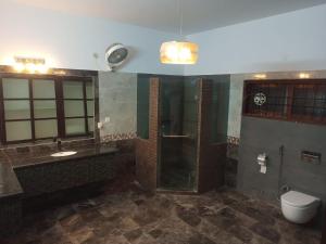 卡拉奇Bondi Beach Resort的带淋浴、盥洗盆和卫生间的浴室