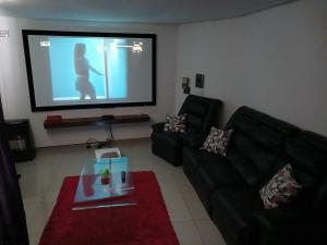 肯普顿帕克3BD Aerodeluxe Home with s/pool near airport的客厅配有沙发和大屏幕电视