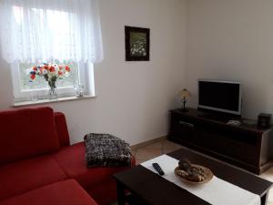 卡尔斯哈根Fewo Wiesenblick_MEYH的客厅配有红色沙发和电视