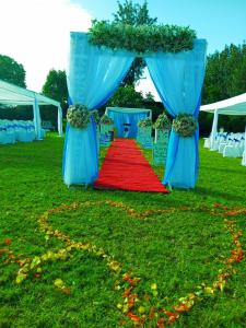 DowsonvilleINFINITE GREEN EVENTS GARDEN AND ACCOMMODATION的婚礼的布置,有红地毯和蓝色窗帘