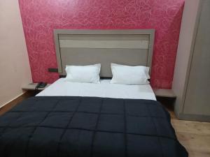 Rāni PokhriParadise Home stay的一张带两个枕头和粉红色墙壁的床