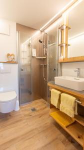 列兴Berggasthof Lahnerhof的带淋浴、盥洗盆和卫生间的浴室